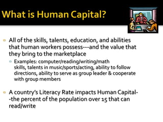    All of the skills, talents, education, and abilities
    that human workers possess---and the value that
    they bring to the marketplace
     Examples: computer/reading/writing/math
      skills, talents in music/sports/acting, ability to follow
      directions, ability to serve as group leader & cooperate
      with group members

   A country’s Literacy Rate impacts Human Capital-
    -the percent of the population over 15 that can
    read/write
 