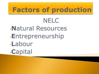 NELC
•Natural Resources
•Entrepreneurship
•Labour
•Capital
 