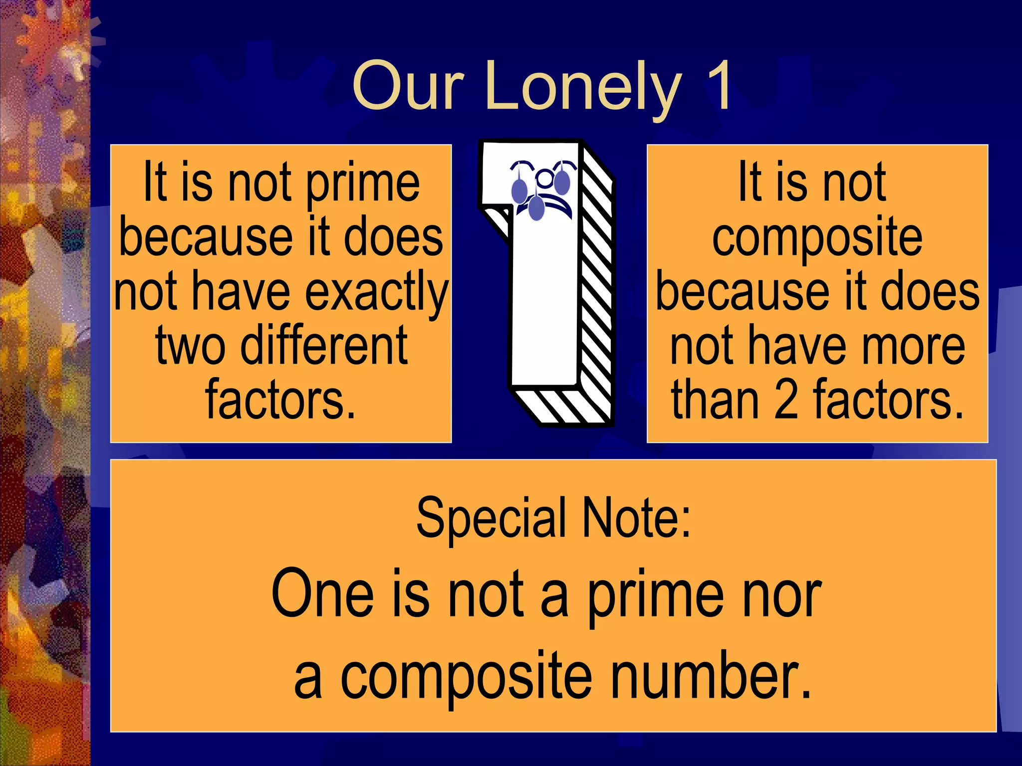 Our Lonely 1
Special Note:
One is not a prime nor
a composite number.
It is not prime
because it does
not have exactly
two different
factors.
It is not
composite
because it does
not have more
than 2 factors.
 