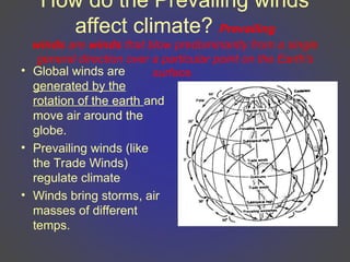 How do the Prevailing winds
affect climate? Prevailing
winds are winds that blow predominantly from a single
general direction over a particular point on the Earth's
surface.
• Global winds are
generated by the
rotation of the earth and
move air around the
globe.
• Prevailing winds (like
the Trade Winds)
regulate climate
• Winds bring storms, air
masses of different
temps.
 