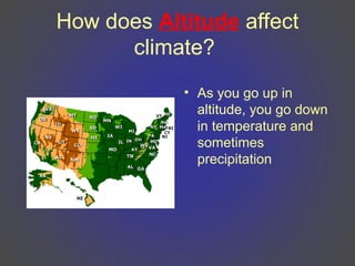 How does Altitude affect
climate?
• As you go up in
altitude, you go down
in temperature and
sometimes
precipitation
 