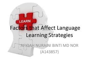 Factors that Affect Language
Learning Strategies
AFIQAH NURAINI BINTI MD NOR
(A143857)

 