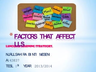 * FACTO S THAT AFFECT
R
LLS.

LANGUAGE LEARNING STRATEGIES.

N R LSAH R BI N M
UU
I A
TI ESEN .
I
A143837
TESL 1St

YEAR 2013/2014

 