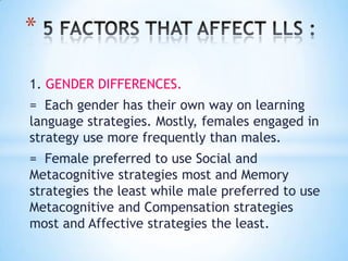 *
1. GENDER DIFFERENCES.
= Each gender has their own way on learning
language strategies. Mostly, females engaged in
strategy use more frequently than males.
= Female preferred to use Social and
Metacognitive strategies most and Memory
strategies the least while male preferred to use
Metacognitive and Compensation strategies
most and Affective strategies the least.

 