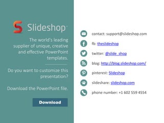 contact: support@slideshop.com
fb: theslideshop
twitter: @slide_shop
blog: http://blog.slideshop.com/
pinterest: Slideshop
slideshare: slideshop.com
phone number: +1 602 559 4554
The world's leading
supplier of unique, creative
and effective PowerPoint
templates.
Do you want to customize this
presentation?
Download the PowerPoint file.
Download
 