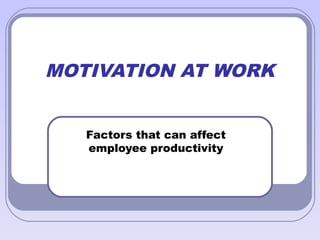 MOTIVATION AT WORK
Factors that can affect
employee productivity
 
