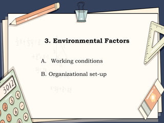 3. Environmental Factors
A. Working conditions
B. Organizational set-up
 