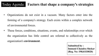 Today Agenda: Factors that shape a company's strategies
• Organizations do not exist in a vacuum. Many factors enter into the
forming of a company's strategy. Each exists within a complex network
of environmental forces.
• These forces, conditions, situations, events, and relationships over which
the organization has little control are referred to collectively as the
organization's environment.
Submitted by :
Immani Chandra Shekar
(Reg. No: 19K61E0020)
 