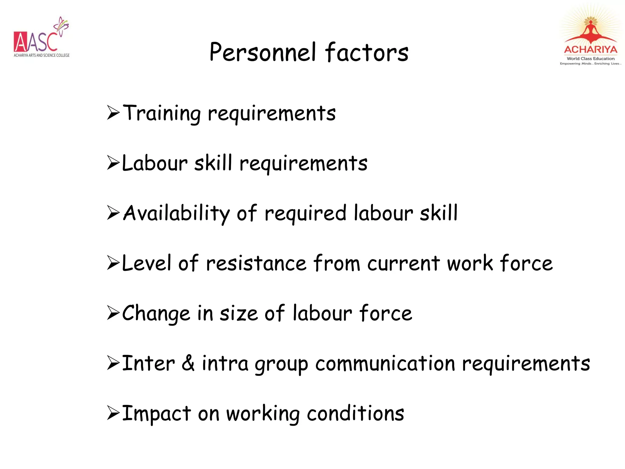 Personnel factors
Training requirements
Labour skill requirements
Availability of required labour skill
Level of resistance from current work force
Change in size of labour force
Inter & intra group communication requirements
Impact on working conditions
 