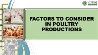 FACTORS TO CONSIDER
IN POULTRY
PRODUCTIONS
 