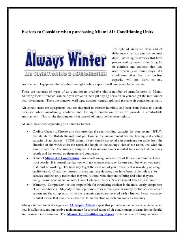Factors To Consider When Purchasing Miami Air Conditioning Units