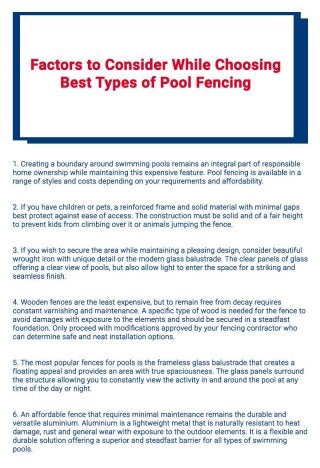 Factors to Consider While Choosing Best Types of Pool Fencing