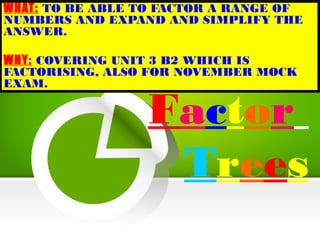 Factor
Trees
WHAT: TO BE ABLE TO FACTOR A RANGE OF
NUMBERS AND EXPAND AND SIMPLIFY THE
ANSWER.
WHY: COVERING UNIT 3 B2 WHICH IS
FACTORISING, ALSO FOR NOVEMBER MOCK
EXAM.
 