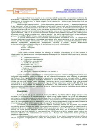 www.mcamero.com.mx
                                                                       www.myxango.com.mx/mcamero


         Cuando va a trabajar en la mañana, se va a correr por la tarde y va a visitar a la reina todo en el mismo dia,
que cambia? La respuesta es sus diferentes atuendos. Usted no va a la tienda y compra una muñeca Barbie desnuda.
Usted compra “la Barbie corredora” o “Barbie visita a la Reina” Los atuendos y accesorios que Barbie utiliza son lo que
le permite ser tan versátil.
         Regresando a la pregunta original… ¿Cómo el mangostan puede ser tan versátil? Es la variedad de xantonas
lo que le permite a la fruta tener tantas propiedades. Así como usted no encontraría una Barbie desnuda en la tienda,
usted no hallara un esqueleto de xantona desnudo en la naturaleza. Hay mas de 40 xantonas en le mangostan con
formulas químicas únicas que permiten a cada una de ellas actuar en una función biológica especifica. Por ejemplo, el
alfa-mangostan sirve como un anti-oxidante, el gama-,mangostan como un anti-inflamatorio y la garcinona e como un
agente antitumoral. Cada una de las xantonas contiene la misma columna vertebral o esqueleto, pero también poseen
accesorios químicos únicos conocidos como ”cadenas laterales”, que alteran la actividad química de las moléculas y
producen la versatilidad. Barbie tiene sus accesorios y las xantonas tienen sus cadenas naturales.
         Las xantonas del mangostan han sido estudiadas por investigadores alrededor del mundo. Las Xantonas de la
Garciana Mangostana, siguen siendo investigadas, pero hasta la fecha aproximadamente 40 han sido identificadas y
muchas de ellas estudiadas intensamente. Un estudio indica las siguientes propiedades farmacológicas de las
xantonas: antidepresivo, antituberculoso, antimicrobiano (bacterias y hongos), antiviral, antileucemico,
antitumoral,antiulcera y antidiabético. Algunas de las Xantonas mayormente estudiadas son:
                  Alfa – mangostin
                  Gama – mangostin
                  Garcinona E

        La fruta entera contiene xantonas, sin embargo el pericarpio (cáscara/piel) de la fruta contiene la
concentración más alta de xantonas. Investigaciones solas del pericarpio han arrojado la identificación de las siguientes
xantonas:
                1,3,6,7 tetrahidroxinantona
                2,4,5 trihidroxi-1 methoxixantona
                1,2,4,5 xantona tetraoxigenada
                3 methilbut 2- enil-xantona
                Garcinona A, b3, C, D, E
                1,3,5,8 xantona tetraoxigenada
                Gartanina
                8-deoxigartanina
                5,9 dihitroxi -2, 2-dimethil -8- methoxi -7- (3- methilbut 2                     ………

          Como lo mencionamos anteriormente, las xantonas no son las únicas sustancias biológicamente activas en el
mangostán. Las catequizas y otros Poli fenoles, que son poderosos antioxidantes, están presentes en cantidades
significativas. Otros ingredientes claves como los polisacáridos son aparentemente los responsables de algunos
efectos antibacteriales y antifungicos de la fruta. Finalmente el potasio, fósforo (para pacientes con problemas de
riñones, hay que notar que los niveles de potasio y fósforo en la fruta no son peligrosos si se toma la medida
recomendada de 1 onza diaria, la cual contiene 25 mgs, de potasio), calcio, hierro y vitamina B1, B2, B6 y C, se
encuentran el la fruta también. Sin embargo yo recomiendo a los consumidores que sigan tomando un buen
suplemento vitamínico con minerales diariamente ya que la fruta no provee todas las cantidades recomendadas de
vitaminas y minerales.

        SEGURIDAD
          A estas alturas, nos puede resultar útil hacer una distinción importante entre las drogas de la medicina
alopática y los fitoceuticos en las preparaciones de las plantas usadas para la curación. Las drogas son desarrolladas
como agentes únicos, extremadamente potentes, para alterar una función fisiológica específicamente seleccionada:
mientras más especifica, más deseable la droga. De hecho, en ocasiones se le ha solicitado a los investigadores que,
dentro de los posible traten de utilizar solamente la mitad de un isomero estereo-óptico, una molécula con mitades de
imagen espejo. ¡Resultaría difícil imaginarse algo más específico que la mitad de una molécula!
          En contraste, los suplementos alimenticios emplean cualidades holisticas de las plantas. Los múltiples
ingredientes (a veces docenas) son usados por sus efectos en conjunto. En las plantas rara vez se halla presente un
solo ingrediente con la fuerza o en la cantidad suficiente para actuar por si solo. Por lo tanto, las preparaciones de
plantas casi nunca resultan peligrosas mientras que virtualmente toda droga, aun en cantidades pequeñas, es
potencialmente letal. Esta distinción es importante porque 106,000 personas en los estados unidos murieron por
reacciones adversas a los medicamentos en un solo año…. Aunque estos medicamentos fueron prescritos y
preparados correctamente.
          La falta de especificidad, cuando hablamos de los beneficios de una planta no es equivalente a una falta de
eficacia. La palabra sinergia significa que 2+2=8. En otras palabras dos o mas elementos que actúan en conjunto



                                                                                                       Página 4 de 18
 