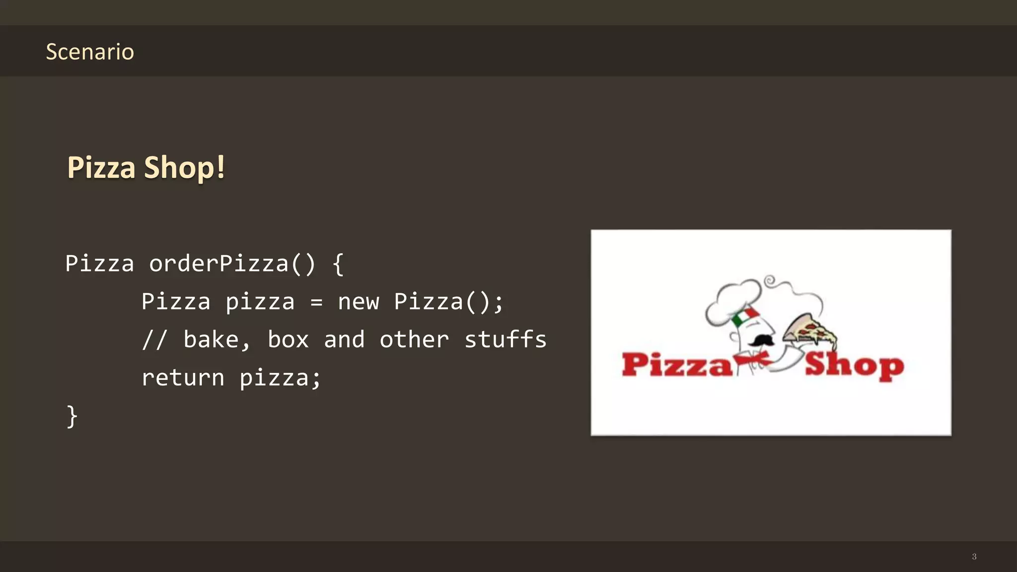 Scenario
3
Pizza Shop!
Pizza orderPizza() {
Pizza pizza = new Pizza();
// bake, box and other stuffs
return pizza;
}
 