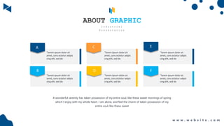 A C E
B D F
“lorem ipsum dolor sit
amet, cons ectetur adipis
cing elit, sed do
“lorem ipsum dolor sit
amet, cons ectetur adipis
cing elit, sed do
“lorem ipsum dolor sit
amet, cons ectetur adipis
cing elit, sed do
“lorem ipsum dolor sit
amet, cons ectetur adipis
cing elit, sed do
“lorem ipsum dolor sit
amet, cons ectetur adipis
cing elit, sed do
“lorem ipsum dolor sit
amet, cons ectetur adipis
cing elit, sed do
A wonderful serenity has taken possession of my entire soul, like these sweet mornings of spring
which I enjoy with my whole heart. I am alone, and feel the charm of taken possession of my
entire soul, like these sweet
ABOUT GRAPHIC
I n d u s t r i a l
P r e s e n t a t i o n
w w w . w e b s i t e . c o m
 