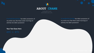 ABOUT CRANE
I n d u s t r i a l
P r e s e n t a t i o n
w w w . w e b s i t e . c o m
A wonderful serenity has taken possession of
my entire soul, like these sweet mornings of
serenity has taken possession
A wonderful serenity has taken possession of
my entire soul, like these sweet mornings of
serenity has taken possession
45% + 87%
Your Text Goes Here
 