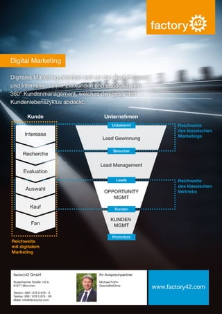 Besucher
Leads
Kunden
Promotors
Digital Marketing
Digitales Marketing orientiert sich an den Bedürfnissen
und Interessen seiner Zielkunden und ermöglicht ein
360° Kundenmanagement, welches den gesamten
Kundenlebenszyklus abdeckt.
Interesse
Recherche
Evaluation
Auswahl
Kauf
Fan
Kunde Unternehmen
Reichweite
mit digitalem
Marketing
Reichweite
des klassischen
Marketings
Reichweite
des klassischen
Vertriebs
Unbekannt
Lead Gewinnung
Lead Management
OPPORTUNITY
MGMT
KUNDEN
MGMT
www.factory42.com
factory42 GmbH
Rosenheimer Straße 145 b
81671 München
Telefon: 089 / 878 0 676 - 0
Telefax: 089 / 878 0 676 - 99
eMail: info@factory42.com
Ihr Ansprechpartner
Michael Frohn
Geschäftsführer
 