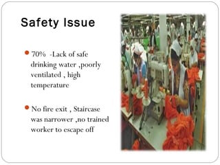 Safety Issue
70% -Lack of safe
drinking water ,poorly
ventilated , high
temperature
No fire exit , Staircase
was narrower ,no trained
worker to escape off
 