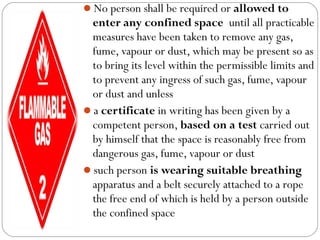 No person shall be required or allowed to
enter any confined space until all practicable
measures have been taken to remove any gas,
fume, vapour or dust, which may be present so as
to bring its level within the permissible limits and
to prevent any ingress of such gas, fume, vapour
or dust and unless
a certificate in writing has been given by a
competent person, based on a test carried out
by himself that the space is reasonably free from
dangerous gas, fume, vapour or dust
such person is wearing suitable breathing
apparatus and a belt securely attached to a rope
the free end of which is held by a person outside
the confined space
 
