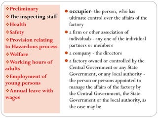 occupier- the person, who has
ultimate control over the affairs of the
factory
a firm or other association of
individuals - any one of the individual
partners or members
a company - the directors
a factory owned or controlled by the
Central Government or any State
Government, or any local authority -
the person or persons appointed to
manage the affairs of the factory by
the Central Government, the State
Government or the local authority, as
the case may be
Preliminary
The inspecting staff
Health
Safety
Provision relating
to Hazardous process
Welfare
Working hours of
adults
Employment of
young persons
Annual leave with
wages
 
