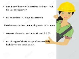 • total no: of hours of overtime shall not >50h
for any one quarter
• no overtime > 7 days at a stretch
Further restriction on employment of women
• woman allowed to work 6 A.M. and 7 P.M
• no change of shifts except after a weekly
holiday or any other holiday.
 