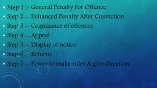 • Step 1 :- General Penalty For Offence
• Step 2 :- Enhanced Penalty After Conviction
• Step 3 :- Cognizance of offences
• Step 4 :- Appeal
• Step 5 :- Display of notice
• Step 6 :- Returns
• Step 7 :- Power to make rules & give direction
 