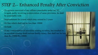 STEP 2:- Enhanced Penalty After Conviction
• If a person convicted of any offence punishable under sec 92,
is again guilty involving contravention of same provision, he shall
be punishable with
• Imprisonment for a term which may extend to 3 years
• Or fine which shall not be less than 10000
• Or both
• If any contravention of provision relating to safety, has resulted in
an accident causing death/serious bodily injury, fine shall not be less
than Rs.35000/Rs.10000.
 