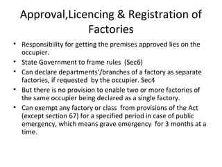 Approval,Licencing & Registration of 
Factories 
• Responsibility for getting the premises approved lies on the 
occupier. 
• State Government to frame rules (Sec6) 
• Can declare departments‘/branches of a factory as separate 
factories, if requested by the occupier. Sec4 
• But there is no provision to enable two or more factories of 
the same occupier being declared as a single factory. 
• Can exempt any factory or class from provisions of the Act 
(except section 67) for a specified period in case of public 
emergency, which means grave emergency for 3 months at a 
time. 
 