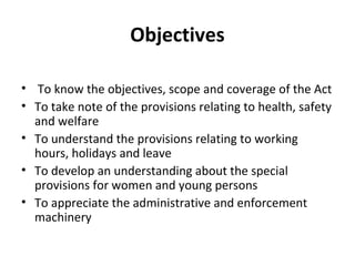 Objectives 
• To know the objectives, scope and coverage of the Act 
• To take note of the provisions relating to health, safety 
and welfare 
• To understand the provisions relating to working 
hours, holidays and leave 
• To develop an understanding about the special 
provisions for women and young persons 
• To appreciate the administrative and enforcement 
machinery 
 