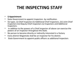 THE INSPECTING STAFF 
• i) Appointment 
• State Government to appoint Inspectors by notification. 
• Six types. (i) Chief Inspector (ii) Additional Chief Inspectors, (iii) Joint Chief 
Inspectors (iv) Deputy Chief inspectors (v) Inspectors and Additional 
Inspectors. 
• In addition to the powers of a Chief Inspector all above can exercise the 
powers of an Inspector throughout the State. 
• No person to become directly or indirectly interested in a factory 
• Every district Magistrate shall be an Inspector for his district. 
• State Government to appoint-public officers as additional Inspectors 
 