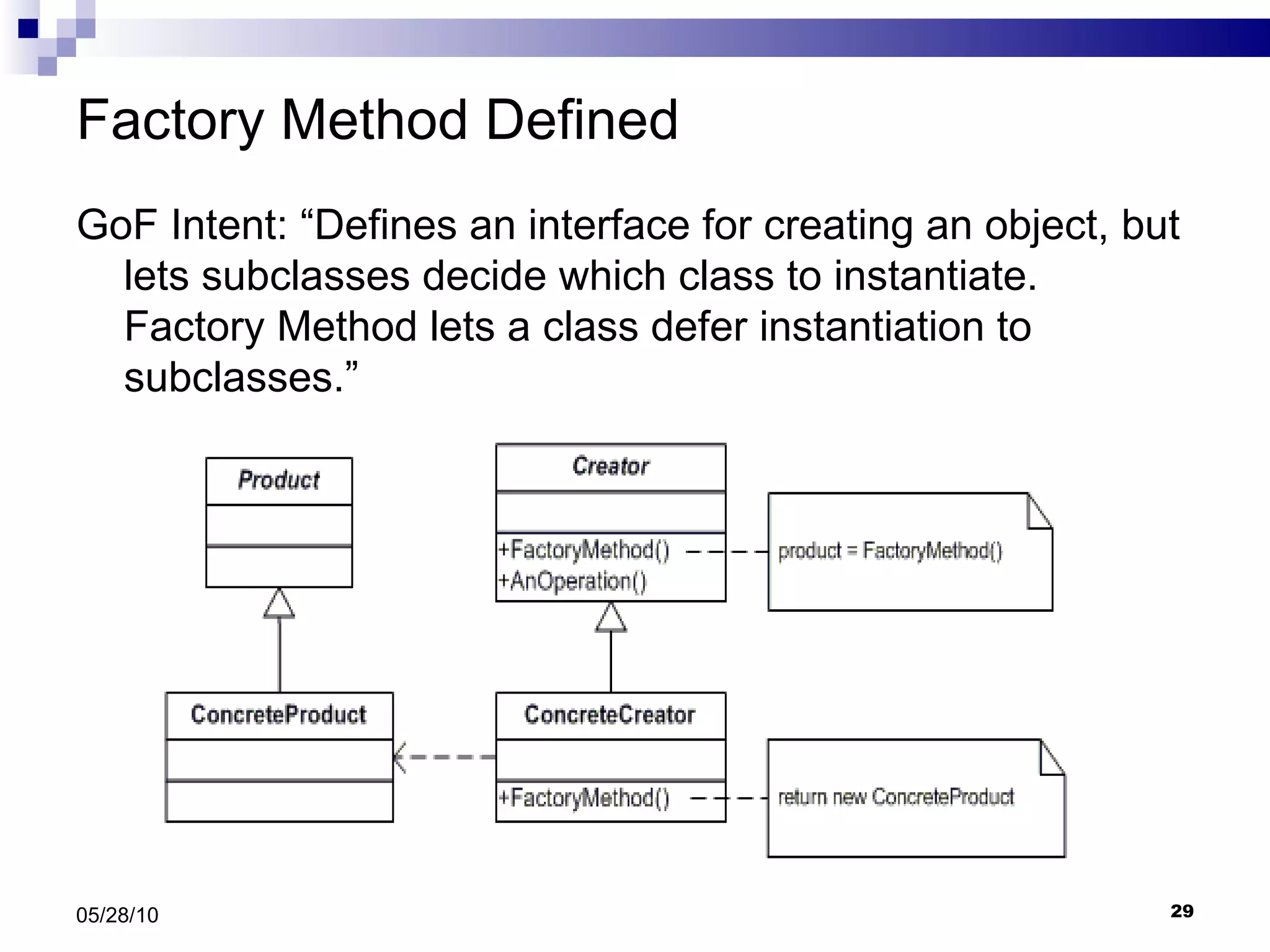 Factory Method Defined GoF Intent: “Defines an interface for creating an object, but lets subclasses decide which class to instantiate.  Factory Method lets a class defer instantiation to subclasses.” 05/28/10 