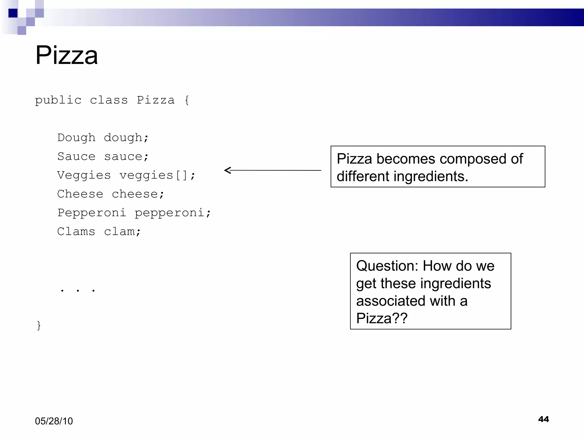 Pizza  public class Pizza { Dough dough; Sauce sauce; Veggies veggies[]; Cheese cheese; Pepperoni pepperoni; Clams clam; . . . } 05/28/10 Pizza becomes composed of different ingredients. Question: How do we get these ingredients associated with a Pizza?? 