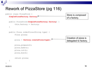Rework of PizzaStore (pg 116) public class PizzaStore { SimplePizzaFactory factory ; public PizzaStore( SimplePizzaFactory factory ) {  this.factory = factory; } public Pizza orderPizza(String type) { Pizza pizza; pizza =  factory.createPizza(type); pizza.prepare(); pizza.bake(); pizza.cut(); pizza.box(); return pizza; } } 05/28/10 Store is  composed  of a factory. Creation of pizza is delegated to factory. 