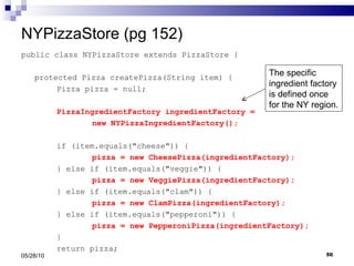 NYPizzaStore (pg 152) public class NYPizzaStore extends PizzaStore { protected Pizza createPizza(String item) { Pizza pizza = null; PizzaIngredientFactory ingredientFactory =  new NYPizzaIngredientFactory(); if (item.equals("cheese")) { pizza = new CheesePizza(ingredientFactory); } else if (item.equals("veggie")) { pizza = new VeggiePizza(ingredientFactory);   } else if (item.equals("clam")) { pizza = new ClamPizza(ingredientFactory);   } else if (item.equals("pepperoni")) { pizza = new PepperoniPizza(ingredientFactory);   }  return pizza; 05/28/10 The specific ingredient factory is defined once for the NY region. 