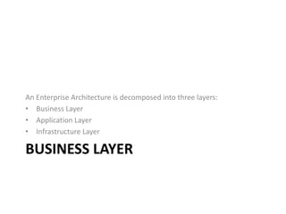 An Enterprise Architecture is decomposed into three layers:
• Business Layer
• Application Layer
• Infrastructure Layer

BUSINESS LAYER
 