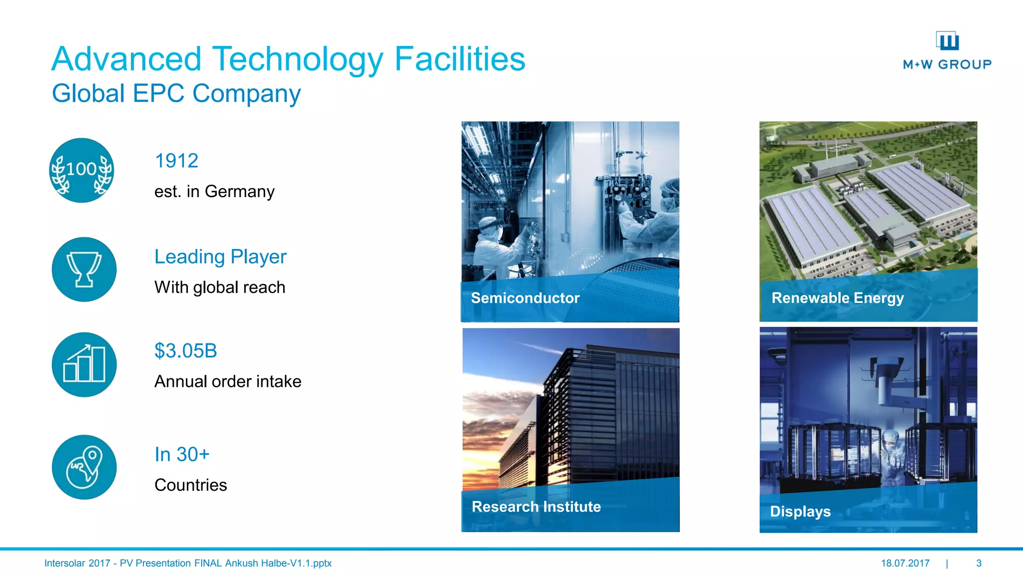 © M+W U.S., Inc. I July 2017 3
Advanced Technology Facilities
Global EPC Company
Semiconductor
Leading Player
With global reach
$3.05B
Annual order intake
In 30+
Countries
Renewable Energy
Research Institute Displays
1912
est. in Germany
 