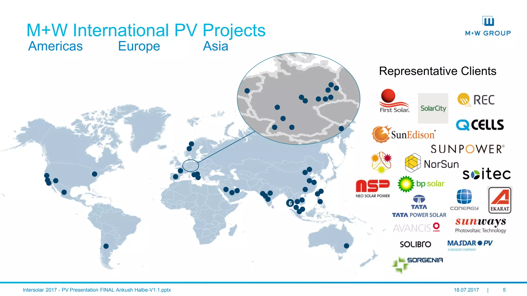 © M+W U.S., Inc. I July 2017 5
M+W International PV Projects
Europe AsiaAmericas
Representative Clients
6
 