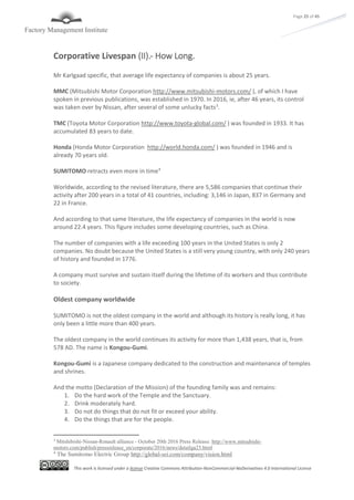 This work is licensed under a license Creative Commons Attribution-NonCommercial-NoDerivatives 4.0 International License
Page 25 of 45
Corporative Livespan (II).- How Long.
Mr Karlgaad specific, that average life expectancy of companies is about 25 years.
MMC (Mitsubishi Motor Corporation http://www.mitsubishi-motors.com/ ), of which I have
spoken in previous publications, was established in 1970. In 2016, ie, after 46 years, its control
was taken over by Nissan, after several of some unlucky facts3
.
TMC (Toyota Motor Corporation http://www.toyota-global.com/ ) was founded in 1933. It has
accumulated 83 years to date.
Honda (Honda Motor Corporation http://world.honda.com/ ) was founded in 1946 and is
already 70 years old.
SUMITOMO retracts even more in time4
Worldwide, according to the revised literature, there are 5,586 companies that continue their
activity after 200 years in a total of 41 countries, including: 3,146 in Japan, 837 in Germany and
22 in France.
And according to that same literature, the life expectancy of companies in the world is now
around 22.4 years. This figure includes some developing countries, such as China.
The number of companies with a life exceeding 100 years in the United States is only 2
companies. No doubt because the United States is a still very young country, with only 240 years
of history and founded in 1776.
A company must survive and sustain itself during the lifetime of its workers and thus contribute
to society.
Oldest company worldwide
SUMITOMO is not the oldest company in the world and although its history is really long, it has
only been a little more than 400 years.
The oldest company in the world continues its activity for more than 1,438 years, that is, from
578 AD. The name is Kongou-Gumi.
Kongou-Gumi is a Japanese company dedicated to the construction and maintenance of temples
and shrines.
And the motto (Declaration of the Mission) of the founding family was and remains:
1. Do the hard work of the Temple and the Sanctuary.
2. Drink moderately hard.
3. Do not do things that do not fit or exceed your ability.
4. Do the things that are for the people.
3
Mitshibishi-Nissan-Renault alliance - October 20th 2016 Press Release: http://www.mitsubishi-
motors.com/publish/pressrelease_en/corporate/2016/news/detailga23.html
4
The Sumitomo Electric Group http://global-sei.com/company/vision.html
 