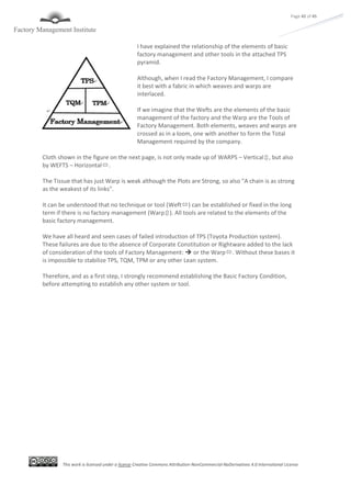 This work is licensed under a license Creative Commons Attribution-NonCommercial-NoDerivatives 4.0 International License
Page 42 of 45
I have explained the relationship of the elements of basic
factory management and other tools in the attached TPS
pyramid.
Although, when I read the Factory Management, I compare
it best with a fabric in which weaves and warps are
interlaced.
If we imagine that the Wefts are the elements of the basic
management of the factory and the Warp are the Tools of
Factory Management. Both elements, weaves and warps are
crossed as in a loom, one with another to form the Total
Management required by the company.
Cloth shown in the figure on the next page, is not only made up of WARPS – Vertical, but also
by WEFTS – Horizontal.
The Tissue that has just Warp is weak although the Plots are Strong, so also "A chain is as strong
as the weakest of its links".
It can be understood that no technique or tool (Weft) can be established or fixed in the long
term if there is no factory management (Warp). All tools are related to the elements of the
basic factory management.
We have all heard and seen cases of failed introduction of TPS (Toyota Production system).
These failures are due to the absence of Corporate Constitution or Rightware added to the lack
of consideration of the tools of Factory Management:  or the Warp. Without these bases it
is impossible to stabilize TPS, TQM, TPM or any other Lean system.
Therefore, and as a first step, I strongly recommend establishing the Basic Factory Condition,
before attempting to establish any other system or tool.
 