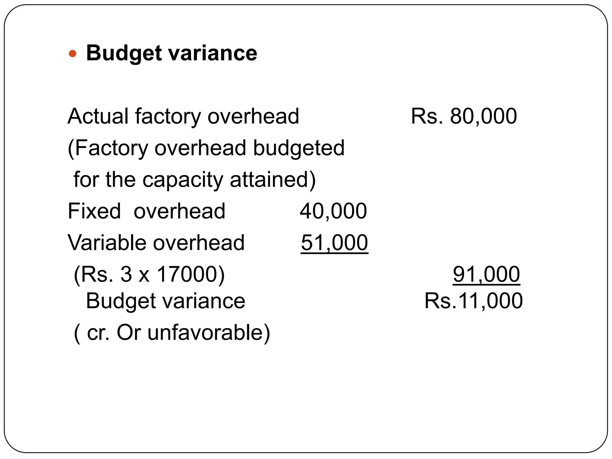  Budget variance


Actual factory overhead           Rs. 80,000
(Factory overhead budgeted
 for the capacity attained)
Fixed overhead           40,000
Variable overhead        51,000
 (Rs. 3 x 17000)                     91,000
   Budget variance                 Rs.11,000
 ( cr. Or unfavorable)
 