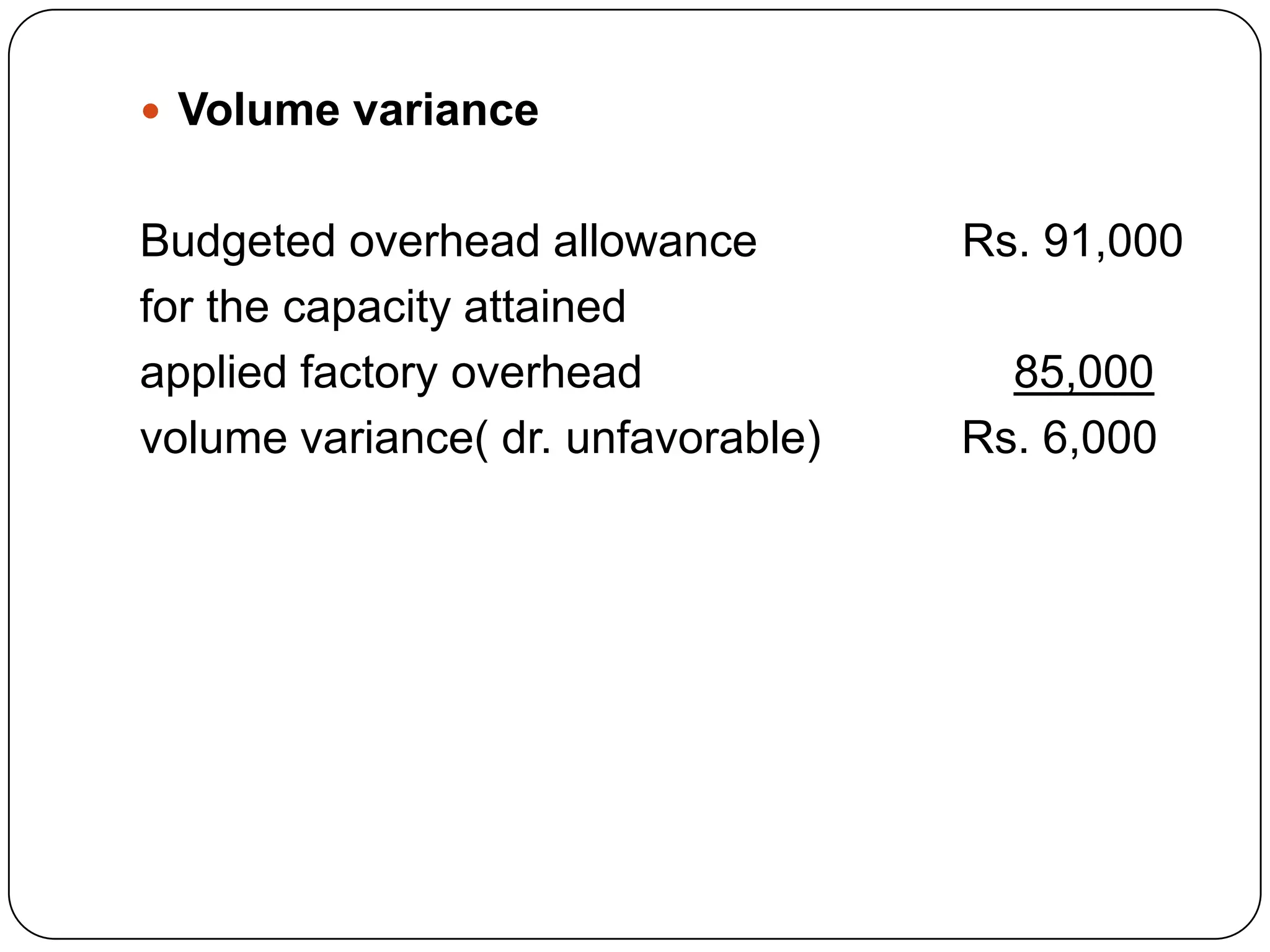  Volume variance


Budgeted overhead allowance         Rs. 91,000
for the capacity attained
applied factory overhead              85,000
volume variance( dr. unfavorable)   Rs. 6,000
 