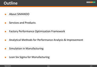 Outline

   About SIMANDO

   Services and Products

   Factory Performance Optimization Framework

   Analytical Methods for Performance Analysis & Improvement

   Simulation in Manufacturing

   Lean Six Sigma for Manufacturing

                                  2011                          3/35
 