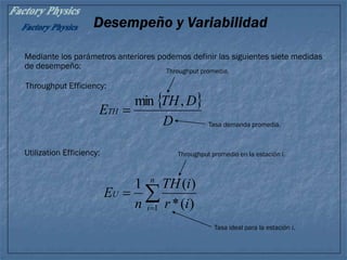Desempeño y Variabilidad
Mediante los parámetros anteriores podemos definir las siguientes siete medidas
de desempeño:
Utilization Efficiency:
 
D
DTH
ETH
,min

Throughput promedio.
Tasa demanda promedia.


n
i
U
ir
iTH
n
E
1 )(*
)(1
Throughput promedio en la estación i.
Tasa ideal para la estación i.
Throughput Efficiency:
 