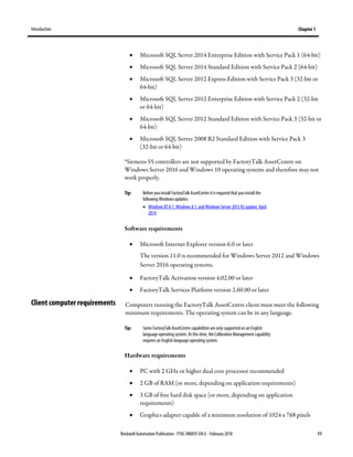Introduction Chapter 1
Rockwell Automation Publication - FTAC-IN005F-EN-E - February 2018 11
• Microsoft SQL Server 2014 Enterprise Edition with Service Pack 1 (64-bit)
• Microsoft SQL Server 2014 Standard Edition with Service Pack 2 (64-bit)
• Microsoft SQL Server 2012 Express Edition with Service Pack 3 (32-bit or
64-bit)
• Microsoft SQL Server 2012 Enterprise Edition with Service Pack 2 (32-bit
or 64-bit)
• Microsoft SQL Server 2012 Standard Edition with Service Pack 3 (32-bit or
64-bit)
• Microsoft SQL Server 2008 R2 Standard Edition with Service Pack 3
(32-bit or 64-bit)
*Siemens S5 controllers are not supported by FactoryTalk AssetCentre on
Windows Server 2016 and Windows 10 operating systems and therefore may not
work properly.
Tip: Before you install FactoryTalk AssetCentre itis required that you install the
following Windows updates:
• Windows RT 8.1, Windows 8.1, and Windows Server 2012 R2update: April
2014
Software requirements
• Microsoft Internet Explorer version 6.0 or later
The version 11.0 is recommended for Windows Server 2012 and Windows
Server 2016 operating systems.
• FactoryTalk Activation version 4.02.00 or later
• FactoryTalk Services Platform version 2.60.00 or later
Computers running the FactoryTalk AssetCentre client must meet the following
minimum requirements. The operating system can be in any language.
Tip: Some FactoryTalk AssetCentre capabilities are only supported on an English
language operating system. At this time, theCalibration Management capability
requires an English language operating system.
Hardware requirements
• PC with 2 GHz or higher dual core processor recommended
• 2 GB of RAM (or more, depending on application requirements)
• 3 GB of free hard disk space (or more, depending on application
requirements)
• Graphics adapter capable of a minimum resolution of 1024 x 768 pixels
Client computer requirements
 