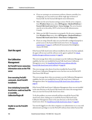 Chapter 13 TroubleshootFactoryTalk AssetCentre
134 Rockwell Automation Publication - FTAC-IN005F-EN-E - February 2018
• If you are running in an environment without a domain controller (in a
workgroup), you may need to turn off the single sign-on feature of
FactoryTalk. See the FactoryTalk help for more information.
• Make sure the server location setting is correct. On the server computer,
from Windows Start menu, select All Programs > Rockwell Software >
FactoryTalk AssetCentre Server > Server Settings. The server location
must be set in this utility, NOT in the FactoryTalk Administration
Console.
• Make sure the SQL Connection is set properly. On the server computer,
from Windows Start menu, select All Programs > Rockwell Software >
FactoryTalk AssetCentre Server > Data Source Configuration.
• If you are using a firewall, make sure your firewall is configured properly to
permit access to the FactoryTalk AssetCentre Server. See Network
requirements on page 17, and Rockwell Automation Knowledgebase
Answer ID 29402.
If the FactoryTalk AssetCentre software installed on the server has been updated,
the agent will not start until the software on the agent is updated. See Check
whether the agent software is current on page 94.
This error message shows when you attempt to use the Calibration Management
capability, but have not installed the FactoryTalk AssetCentre Calibration
Management server. See Install the ProCalV5 server software after the
FactoryTalk AssetCentre server software on page 64.
This error message is also shown if you have installed the FactoryTalk
AssetCentre Calibration Management server, but have not run the ProCalV5
Data Source Edit Wizard.
This error message shows when you attempt to use the Calibration Management
capability, but have not installed the FactoryTalk AssetCentre Calibration
Management client. See Install the FactoryTalk AssetCentre client software on
page 67.
If the FactoryTalk AssetCentre Calibration Management client was not installed
in the same directory as the FactoryTalk AssetCentre client, this message shows
when you start the FactoryTalk AssetCentre client.
To fix this problem, you must uninstall and then reinstall the FactoryTalk
AssetCentre client, making sure to install the FactoryTalk AssetCentre
Calibration Management client in the same directory as the FactoryTalk
AssetCentre client. See Install FactoryTalk AssetCentre clients on page 65.
You must be logged on to the client computer as an administrator or as a user with
administrative privileges to run the ProCalV5 software from within FactoryTalk
Start the agent
Use Calibration
Management
No ProCalV5 Server connection
information exists on the FTAC
server
Error executing ProCalV5
commands, check ProCalV5
installation
Error initializing FactoryTalk
AssetCentre: could not load file
or assembly…
CalibrationPlugin.dll
Unable to run the ProCalV5
software
 