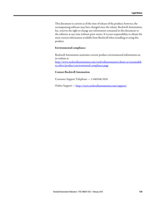 Legal Notices
Rockwell Automation Publication - FTAC-IN005F-EN-E - February 2018 139
This document is current as of the time of release of the product; however, the
accompanying software may have changed since the release. Rockwell Automation,
Inc. reserves the right to change any information contained in this document or
the software at any time without prior notice. It is your responsibility to obtain the
most current information available from Rockwell when installing or using this
product.
Environmental compliance
Rockwell Automation maintains current product environmental information on
its website at
http://www.rockwellautomation.com/rockwellautomation/about-us/sustainabili
ty-ethics/product-environmental-compliance.page
Contact Rockwell Automation
Customer Support Telephone — 1.440.646.3434
Online Support — http://www.rockwellautomation.com/support/
 