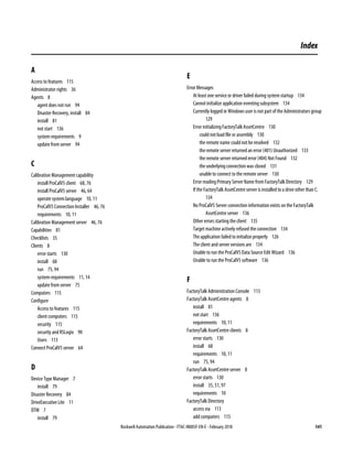 Rockwell Automation Publication - FTAC-IN005F-EN-E - February 2018 141
A
Access to features 115
Administrator rights 36
Agents 8
agent does not run 94
Disaster Recovery, install 84
install 81
not start 136
system requirements 9
update from server 94
C
Calibration Management capability
install ProCalV5 client 68, 76
install ProCalV5 server 46, 64
operate system language 10, 11
ProCalV5 Connection Installer 46, 76
requirements 10, 11
Calibration Management server 46, 76
Capabilities 81
Checklists 35
Clients 8
error starts 130
install 68
run 75, 94
system requirements 11, 14
update from server 75
Computers 115
Configure
Access to features 115
client computers 115
security 115
security and RSLogix 90
Users 113
Connect ProCalV5 server 64
D
Device Type Manager 7
install 79
Disaster Recovery 84
DriveExecutive Lite 11
DTM 7
install 79
E
Error Messages
At least one service or driver failed during system startup 134
Cannot initialize application eventing subsystem 134
Currently logged in Windows user is not part of the Administrators group
129
Error initializing FactoryTalk AssetCentre 130
could not load file or assembly 130
the remote name could not be resolved 132
the remote server returned an error (401) Unauthorized 133
the remote server returned error (404) Not Found 132
the underlying connection was closed 131
unable to connect to the remote server 130
Error reading Primary Server Name from FactoryTalk Directory 129
If the FactoryTalk AssetCentre server is installed to a drive other than C:
134
No ProCalV5 Server connection information exists on the FactoryTalk
AssetCentre server 136
Other errors starting the client 135
Target machine actively refused the connection 134
The application failed to initialize properly 126
The client and server versions are 134
Unable to run the ProCalV5 Data Source Edit Wizard 136
Unable to run the ProCalV5 software 136
F
FactoryTalk Administration Console 113
FactoryTalk AssetCentre agents 8
install 81
not start 136
requirements 10, 11
FactoryTalk AssetCentre clients 8
error starts 130
install 68
requirements 10, 11
run 75, 94
FactoryTalk AssetCentre server 8
error starts 130
install 35, 51, 97
requirements 10
FactoryTalk Directory
access via 113
add computers 115
Index
 