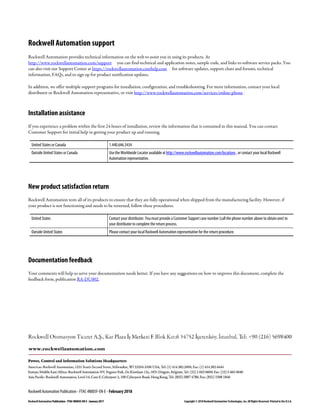 Rockwell Automation Publication - FTAC-IN005F-EN-E - February 2018
Rockwell Automation Publication - FTAC-IN005E-EN-E- January 2017 Copyright © 2018 Rockwell AutomationTechnologies, Inc.All Rights Reserved. Printed in the U.S.A.
Rockwell Automation support
Rockwell Automation provides technical information on the web to assist you in using its products. At
http://www.rockwellautomation.com/support you can find technical and application notes, sample code, and links to software service packs. You
can also visit our Support Center at https://rockwellautomation.custhelp.com for software updates, support chats and forums, technical
information, FAQs, and to sign up for product notification updates.
In addition, we offer multiple support programs for installation, configuration, and troubleshooting. For more information, contact your local
distributor or Rockwell Automation representative, or visit http://www.rockwellautomation.com/services/online-phone .
Installation assistance
If you experience a problem within the first 24 hours of installation, review the information that is contained in this manual. You can contact
Customer Support for initial help in getting your product up and running.
United States or Canada 1.440.646.3434
Outside United States or Canada Use the Worldwide Locator available at http://www.rockwellautomation.com/locations , or contact your local Rockwell
Automation representative.
New product satisfaction return
Rockwell Automation tests all of its products to ensure that they are fully operational when shipped from the manufacturing facility. However, if
your product is not functioning and needs to be returned, follow these procedures.
United States Contact your distributor. Youmust provide a Customer Support case number (call the phone number above to obtain one) to
your distributor to complete the return process.
Outside United States Please contact your local Rockwell Automation representative for the return procedure.
Documentation feedback
Your comments will help us serve your documentation needs better. If you have any suggestions on how to improve this document, complete the
feedback form, publication RA-DU002.
 