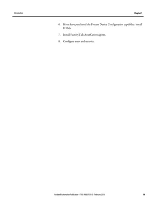 Introduction Chapter 1
Rockwell Automation Publication - FTAC-IN005F-EN-E - February 2018 19
6. If you have purchased the Process Device Configuration capability, install
DTMs.
7. Install FactoryTalk AssetCentre agents.
8. Configure users and security.
 